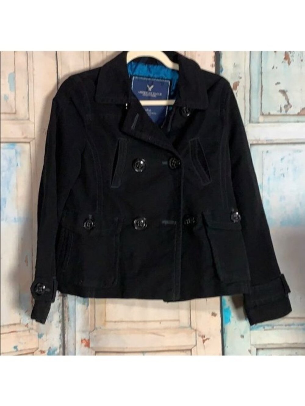 American Eagle Women's Black Double Breasted Cotton Peacoat Jacket Size Medium